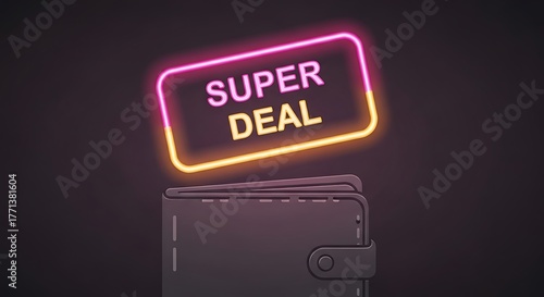 A neon sign declaring 'SUPER DEAL' hovers above a wallet, signifying a great bargain.