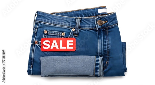A pair of blue jeans with a red 'SALE' tag is folded neatly on a white background, ready for retail.