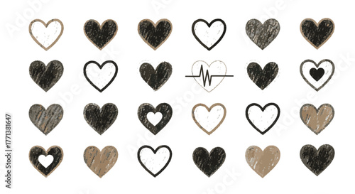 Eclectic Collection of Sketched Heart Doodles, Featuring Outline and Textured Designs for Romantic and Affectionate Graphics