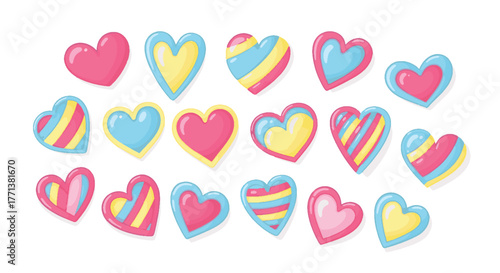 Playful collection of vibrant, cartoon-style hearts in sweet pink, yellow, and blue, embodying a cheerful concept of love and happiness