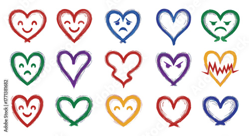 Vibrant collection of doodle-style heart icons, each depicting a unique emotional expression, perfect for design and communication