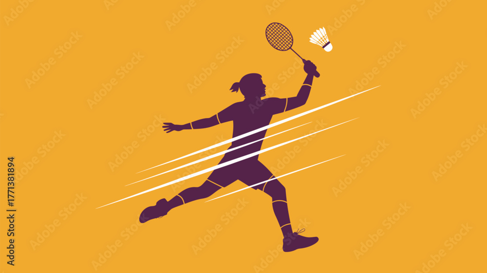 Fototapeta premium Silhouette of a badminton player hitting a shuttlecock on an orange background with motion lines effect