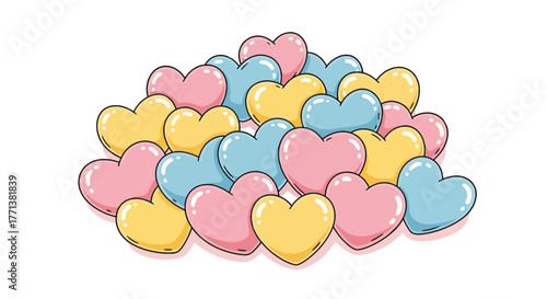 A charming pile of adorable pastel hearts in soft pink, yellow, and blue, perfect for sweet and romantic designs