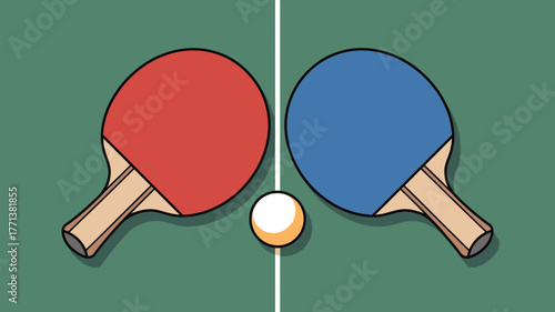 A red and blue ping pong paddle with a ball on a green table with a white line down the middle