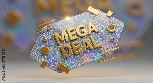 A glittering tag with 'Mega Deal' inscribed in golden letters floats against a blurred, iridescent background.