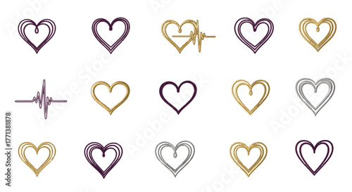 A comprehensive assortment of artistic heart icons, showcasing both traditional and heartbeat-infused designs in rich tones
