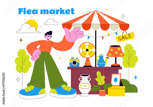 Flea Market Vector Illustration Featuring a Secondhand Shop with Shoppers, Swap Meets, Sellers, and Customers at a Weekend Market in the City