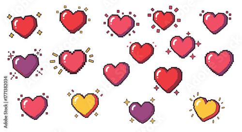 Vibrant pixel art heart icons set, retro 8-bit style for digital love, gaming elements, and nostalgic design projects