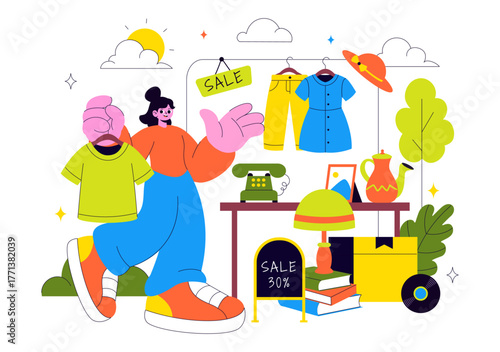 Flea Market Vector Illustration Featuring a Secondhand Shop with Shoppers, Swap Meets, Sellers, and Customers at a Weekend Market in the City