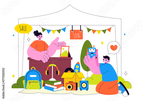Flea Market Vector Illustration Featuring a Secondhand Shop with Shoppers, Swap Meets, Sellers, and Customers at a Weekend Market in the City
