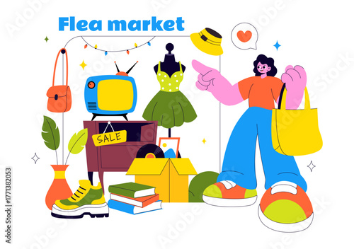 Flea Market Vector Illustration Featuring a Secondhand Shop with Shoppers, Swap Meets, Sellers, and Customers at a Weekend Market in the City