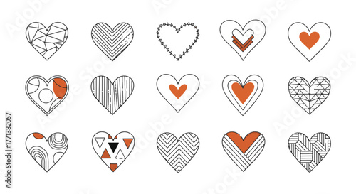 Assortment of decorative heart icons, featuring intricate patterns and contemporary graphic designs for love-themed concepts