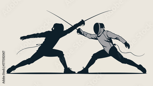Two fencers in action with swords crossed in a stylized illustration with contrasting colors and shadows