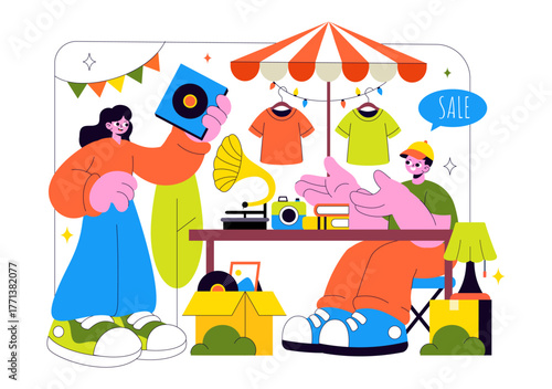 Flea Market Vector Illustration Featuring a Secondhand Shop with Shoppers, Swap Meets, Sellers, and Customers at a Weekend Market in the City