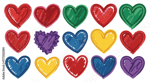 Colorful crayon textured hearts, a vibrant collection expressing love, affection, and diverse emotional connections