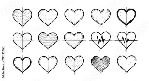 Hand-drawn collection of diverse heart icons and sketches, perfect for expressing concepts of love, romance, and heartfelt emotions