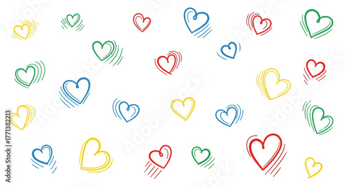 Playful and colorful doodle hearts scattered across a bright background, symbolizing love, happiness, and creative expression