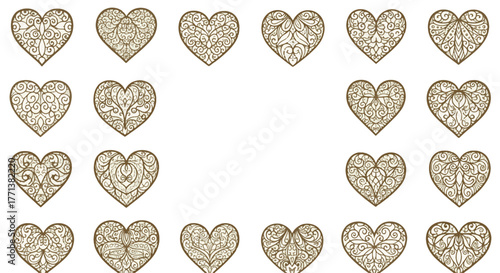 Beautiful set of brown ornamental hearts, intricately designed with delicate filigree patterns, suitable for romantic and decorative projects