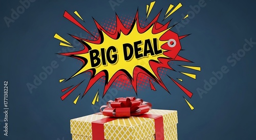 A yellow gift box with a red ribbon is shown below a comic book style 'Big Deal' burst against a dark blue background.