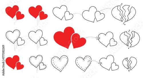 Hand-drawn heart symbols visualizing the emotional progression of love, connection, and the poignant experience of heartbreak