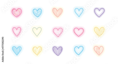 Collection of diverse, glowing neon heart shapes in pastel colors, hand-drawn style, perfect for romantic and affectionate designs
