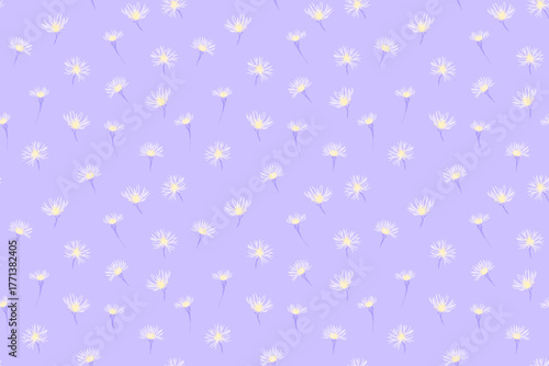 Seamless vector pattern with delicate white and yellow daisy buds on soft lilac background.Template for spring textiles, kids apparel, stationery, and feminine product design
