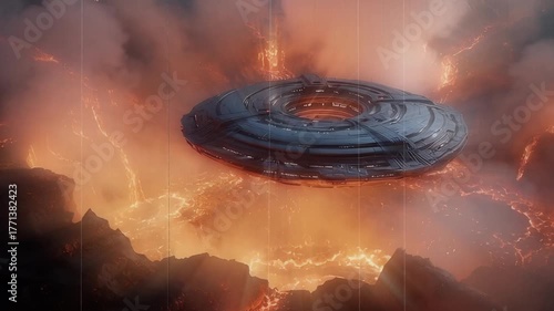 Alien spaceship descending into fiery volcanic crater