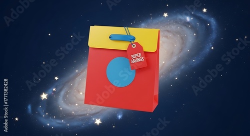 A vibrant red shopping bag with a blue circle, a yellow flap, and a 'Super Savings' tag floats in a starry galaxy.