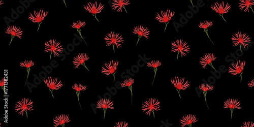 Seamless vector pattern with hand drawn red wildflower buds on a deep black background. Template for fabric, fashion, wrapping paper, bold branding, dramatic floral designs