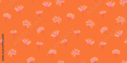 Seamless vector floral pattern with delicate white and pink wildflowers on vibrant orange background. Template for textiles, packaging, stationery, and summer themed designs