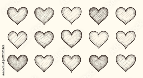 Collection of hand-drawn sketched heart shapes, ideal for romantic designs, vintage themes, and heartfelt expressions