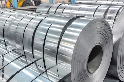 sleek silver aluminum rolls in modern industrial factory with machinery background, metallic material texture ideal for manufacturing, engineering, and product design applications