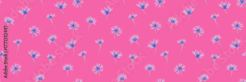 Seamless vector pattern with delicate white and yellow wildflowers on a vibrant pink background. Template for fabric, kids products, packaging, playful summer design themes