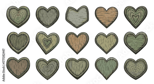 Diverse collection of rustic wooden heart shapes showcasing natural grain textures and organic variations, perfect for decorative designs and romantic themes
