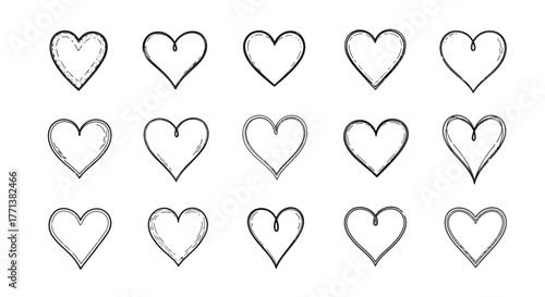 A diverse and charming collection of hand-drawn heart outline icons, perfect for expressing love, romance, and thoughtful design concepts