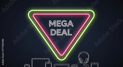A neon sign announces a mega deal with various electronic devices in the foreground, suggesting a sale or promotion.