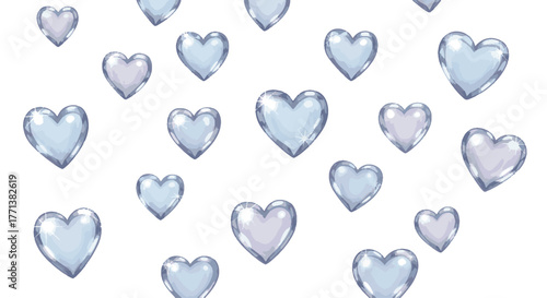 Delicate transparent pastel hearts in shades of blue and purple gently scattered on a clean white background, evoking feelings of romance and affection