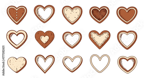 A charming assortment of hand-drawn heart-shaped cookies with various decorative icing patterns, ideal for love-themed celebrations and holidays
