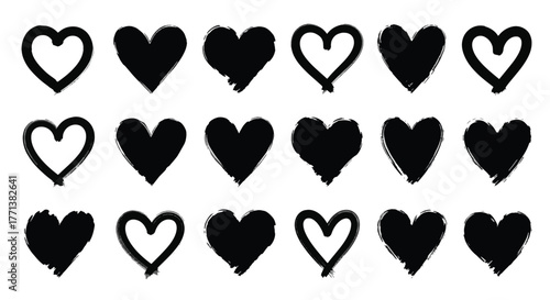 Collection of hand-drawn grunge heart shapes, perfect for expressing love, romance, and emotional connection in various design projects