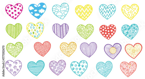 Slika na platnu A delightful assortment of vibrant hand-drawn hearts, featuring diverse doodle p