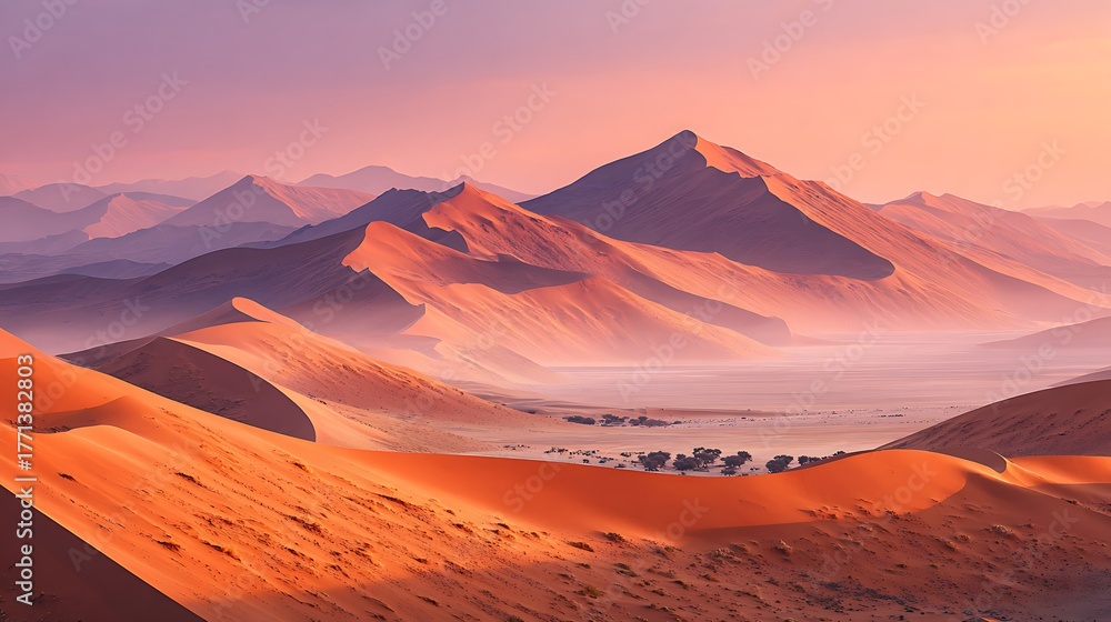 Naklejka premium Glowing orange dune field under pastel pink sky with long misty shadows