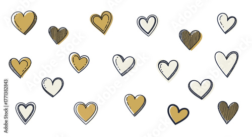 Delightful collection of artistic hand-drawn hearts, rendered with doodle charm and scattered elegantly for themes of love and affection