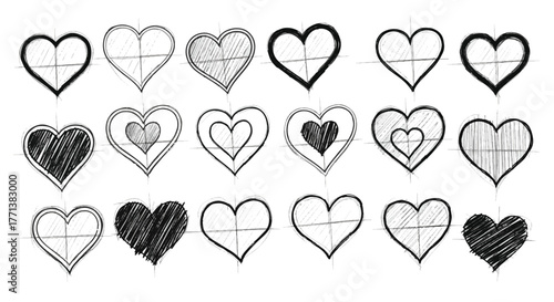 Hand-drawn heart sketches with diverse patterns, perfect for expressing love, romance, and heartfelt design concepts