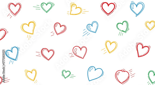 Vibrant collection of hand-drawn heart illustrations creating a cheerful and affectionate pattern design on white background