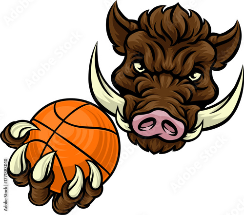 A wild boar, hog razorback warthog pig mean tough cartoon sports mascot holding a basketball ball