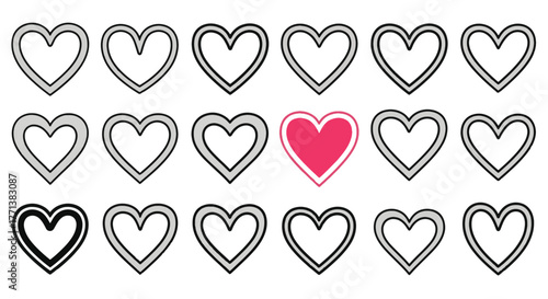 Vibrant pink heart icon prominently standing out amidst a uniform collection of outlined grey hearts, symbolizing unique love and individuality