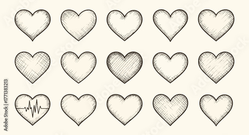 Set of fifteen unique hand-sketched heart illustrations, evoking warmth, romance, and vital health concepts