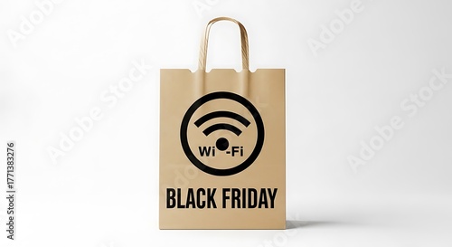 A shopping bag with a Wi-Fi symbol and 'Black Friday' text suggests online shopping and deals.