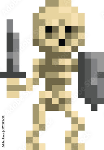 A skeleton warrior monster fantasy cartoon character in a video game sprite pixel art style. 16 squares wide by 23 high.
