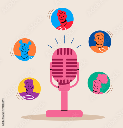 Podcasting popularity and online podcast recording. Colorful vector illustration
